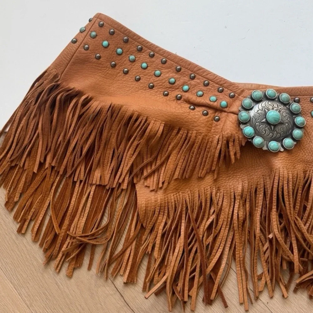 Tan Fringe Leather Waist Belt with Turquoise Accent